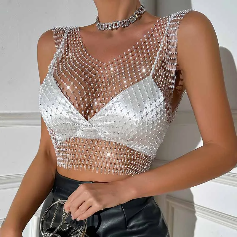 여성을위한 섹시한 메쉬 자르기 탑 여름 라인 석 패션 파티 비치 클럽 Fishnet Tank Hollow Out Backless Top