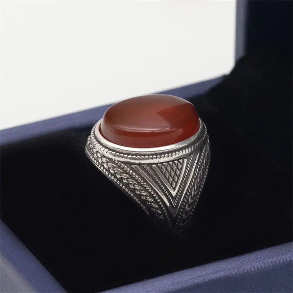 Wholesale Real 925 Sterling Silver Rings Men Natural Red Agate Stone Vintage Handmade Statement Wedding Hand Ring