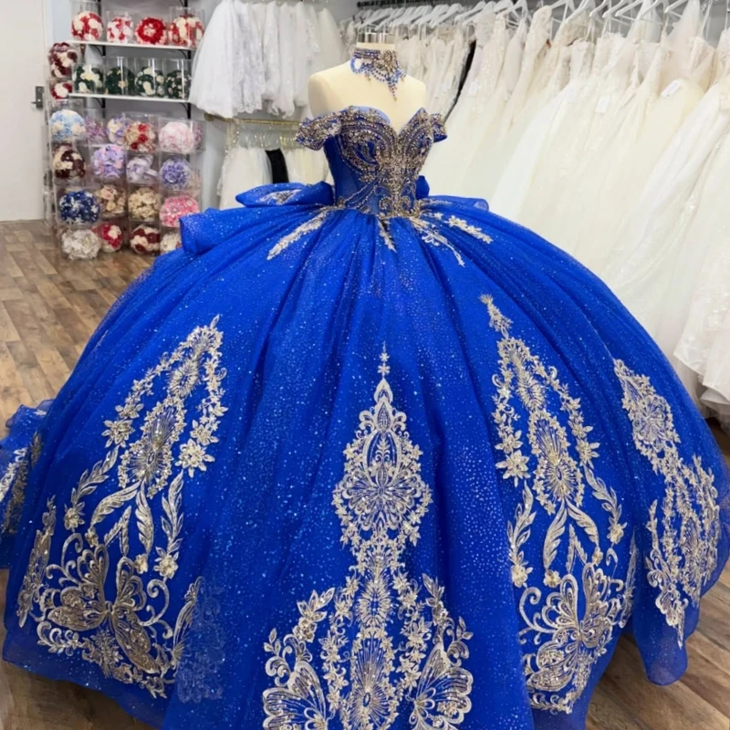 Royal Blue Glitter Quinceanera Dresses Off Shoulder Ball Gown Sweet 16 Dress Gold Applique Lace Beads Bow Tull Party Birthday