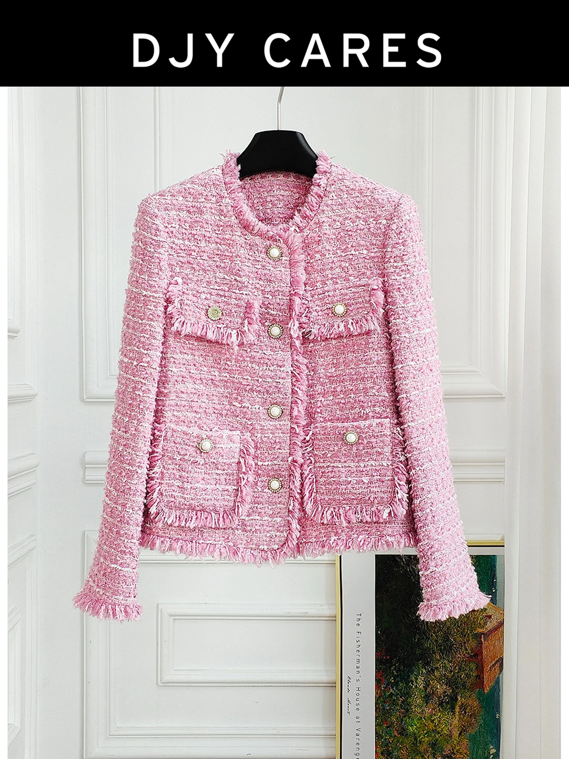 

New pink Bold tweed tassel jacket, unique top -B033 big size