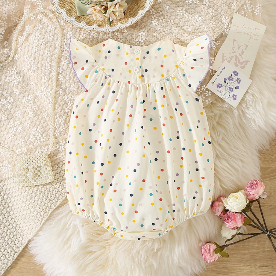 Baby Jumpsuit For 3 To 18 Months Flower Embroidered Colorful Polka Dots Printed Bodysuit