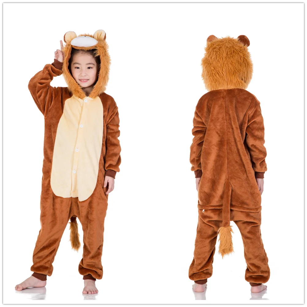 Children Cartoon Animal Jumpsuits Kigurumi Kids Winter Flannel Unicorn Tiger Lion Onesies Pijamas Girls Boys One-piece Sleepwear