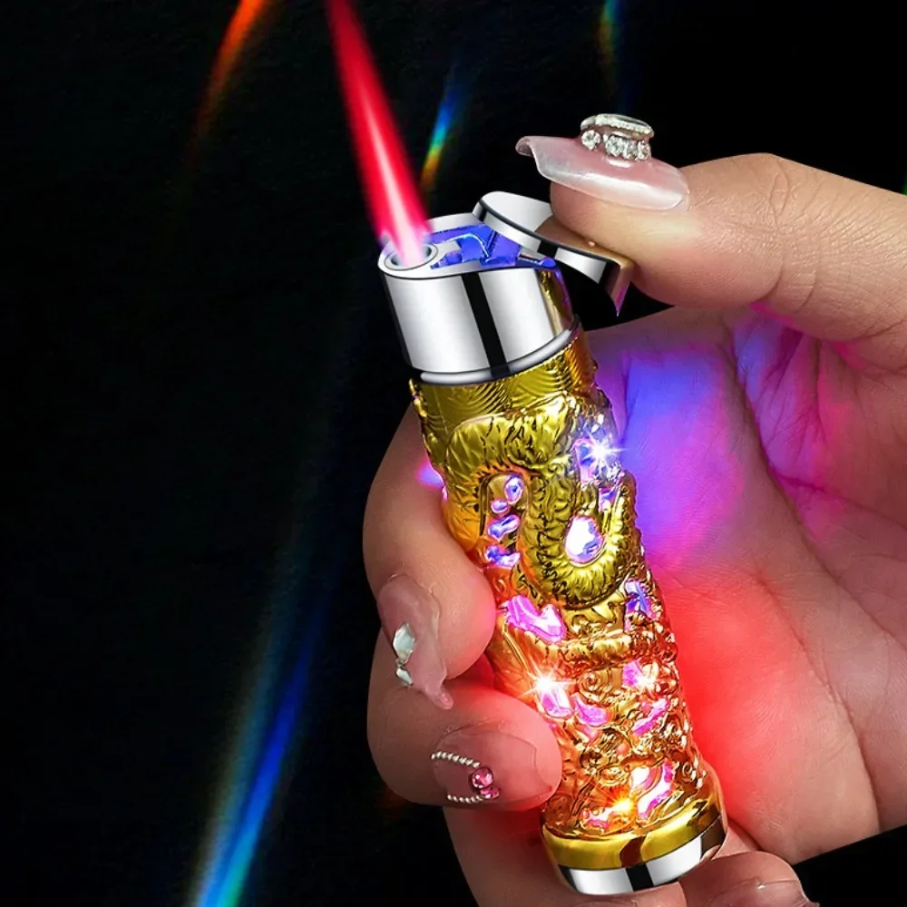 Red Flame Lighter Flash Relief Dragon Windproof Butane Torch Gas Lighter Straight Fire Cigarettes Lighter Creative Smoker Gift