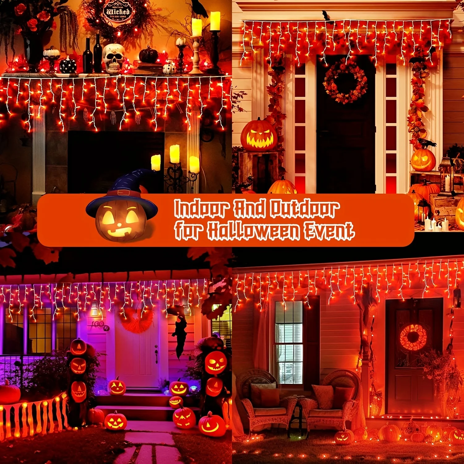 Halloween Icicle Lights, 8-mode Orange Purple lights Indoor and Outdoor, LED String Lights for Halloween Party Decoration