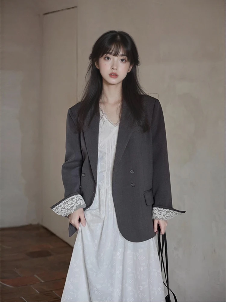 

Long Blazers Woman Classic Velvet Blazer Double-Breasted Lapel Slim Fit Office Lady Autumn Elegant Outwear Warm Black