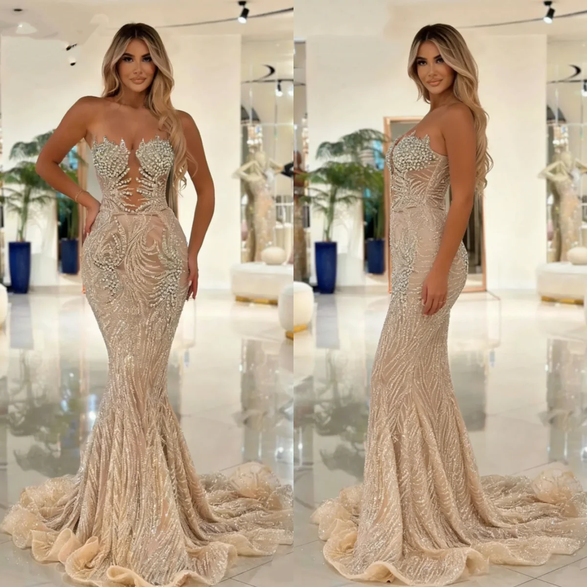

Exquisite Crystals Mermaid Prom Gowns Sleeveless Sweep Train Evening Dresses Sequins Formal Dinner Party Customized
