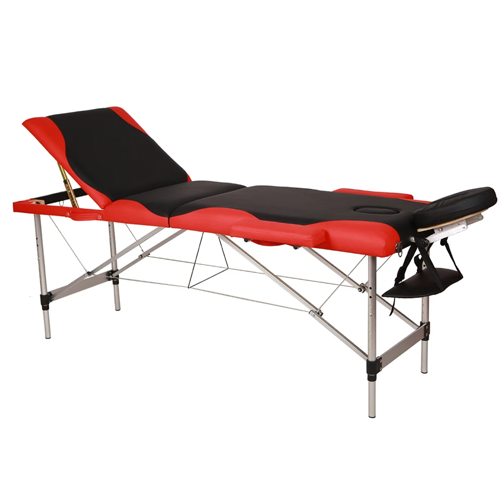 Lit pliant en Tube d'aluminium, 84 ", 3 sections, 185x60x81cm, Table de Massage pour SPA, musculation, noir avec bord rouge