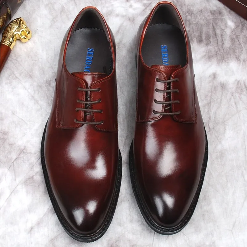 HKDQ Burgundy Black oxford Dress Shoes For Men Business Fashion Handmade Wedding Formal Genuine Leather Designer Men Shoes