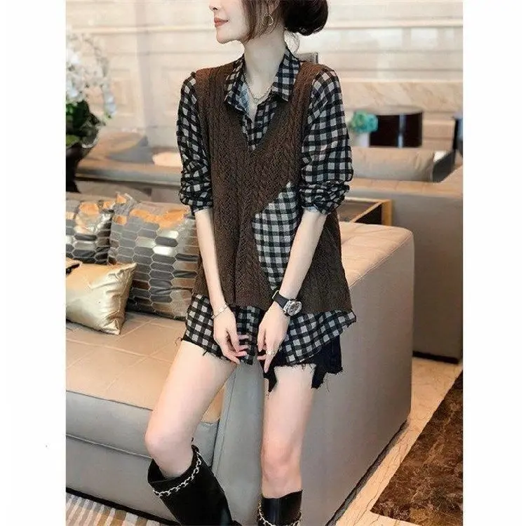 

Women's Fashion Sweater Pullover Early Autumn Western Fashion Age-reducing Knitted Vest Vest Plaid Shirt Two-piece Suit Women