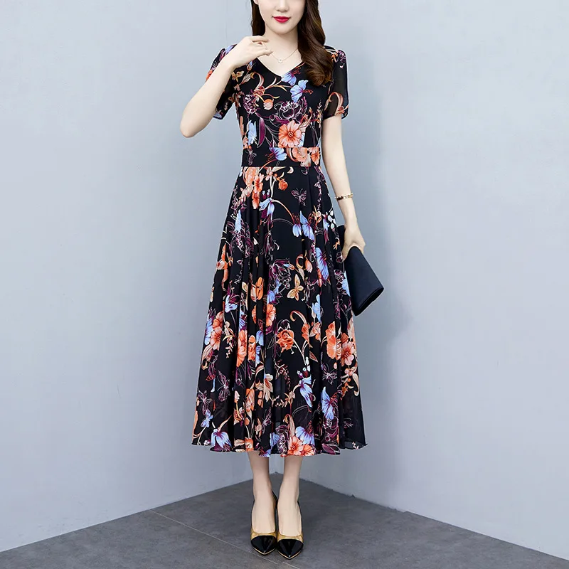 

Summer 2024 New Chiffon Floral Large Size Plump Girls Waist-Tight Slim Looking Belly Covering Dress