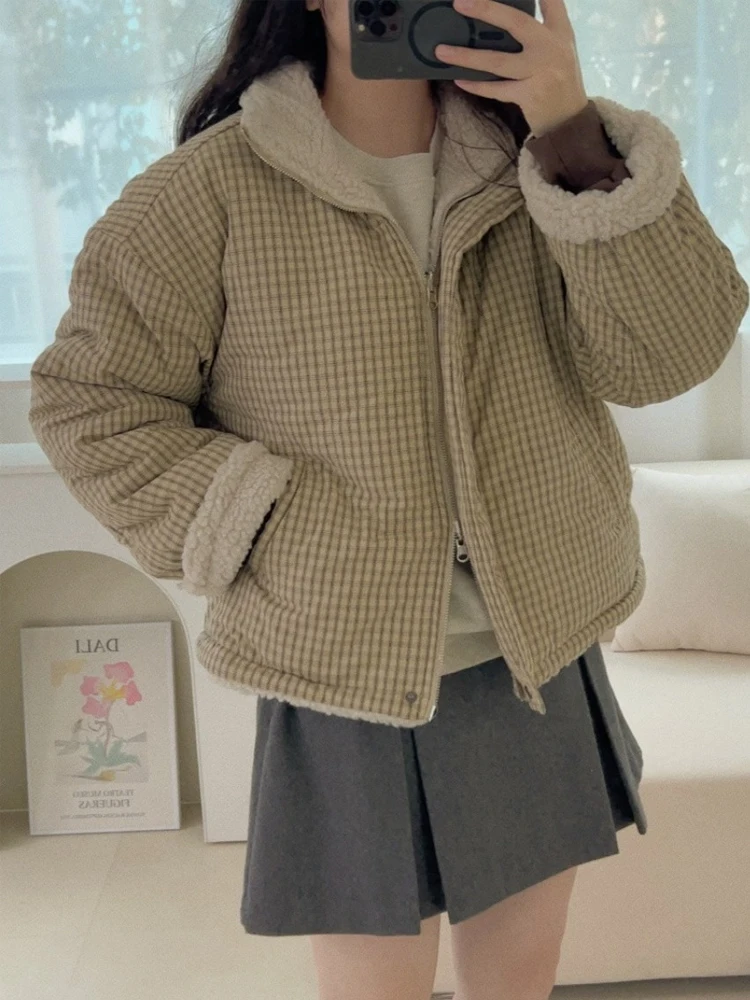 

Retro Plaid Cotton Jaet Women's Winter Double-Sided Wear Anti-Aging ort Thiened Zipper Lamb Fur ort Cotton Jaet