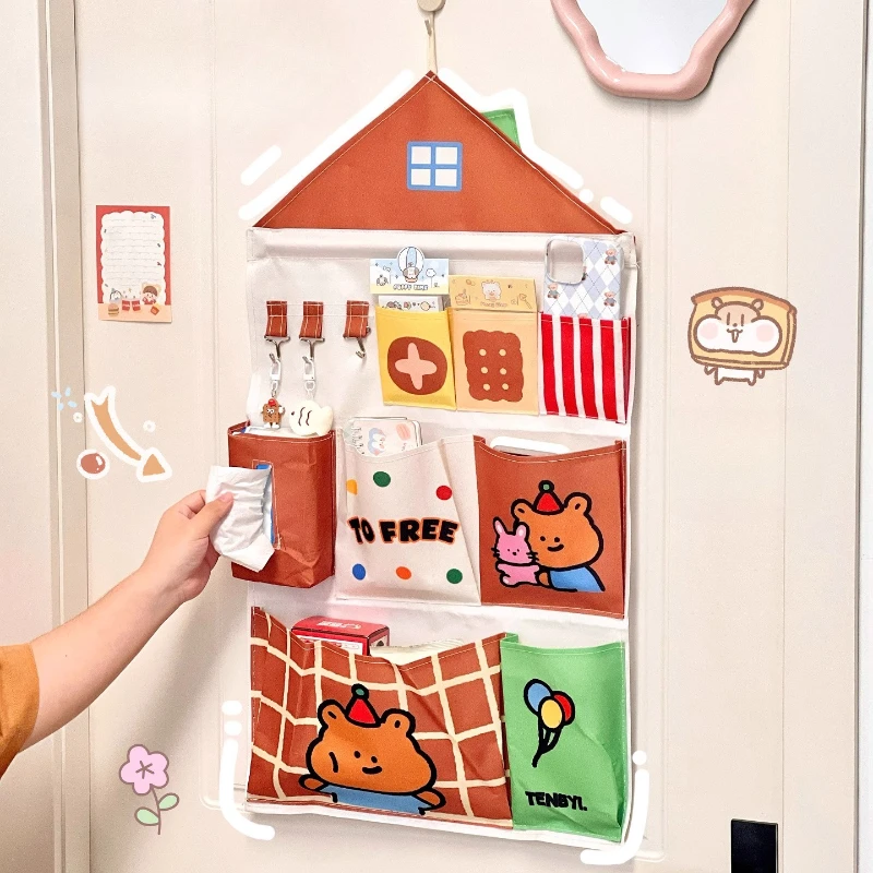 Kawaii Hanging Bag Decoration Woman Girls Door Wall Mounted Storage Organizer Bags with Hooks Pockets Multi Layer Hanging Bags