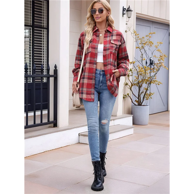 ABRT-Womens Classic Button Down Plaid Flannel Shirts Long Sleeve Oversized Casual Business Blouse Tops