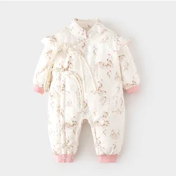 Newborn Romper Long Sleeve Chinese Style Autumn Winter Thick Warm Baby Girl Jumpsuit 1st Birthday Baby Clothes