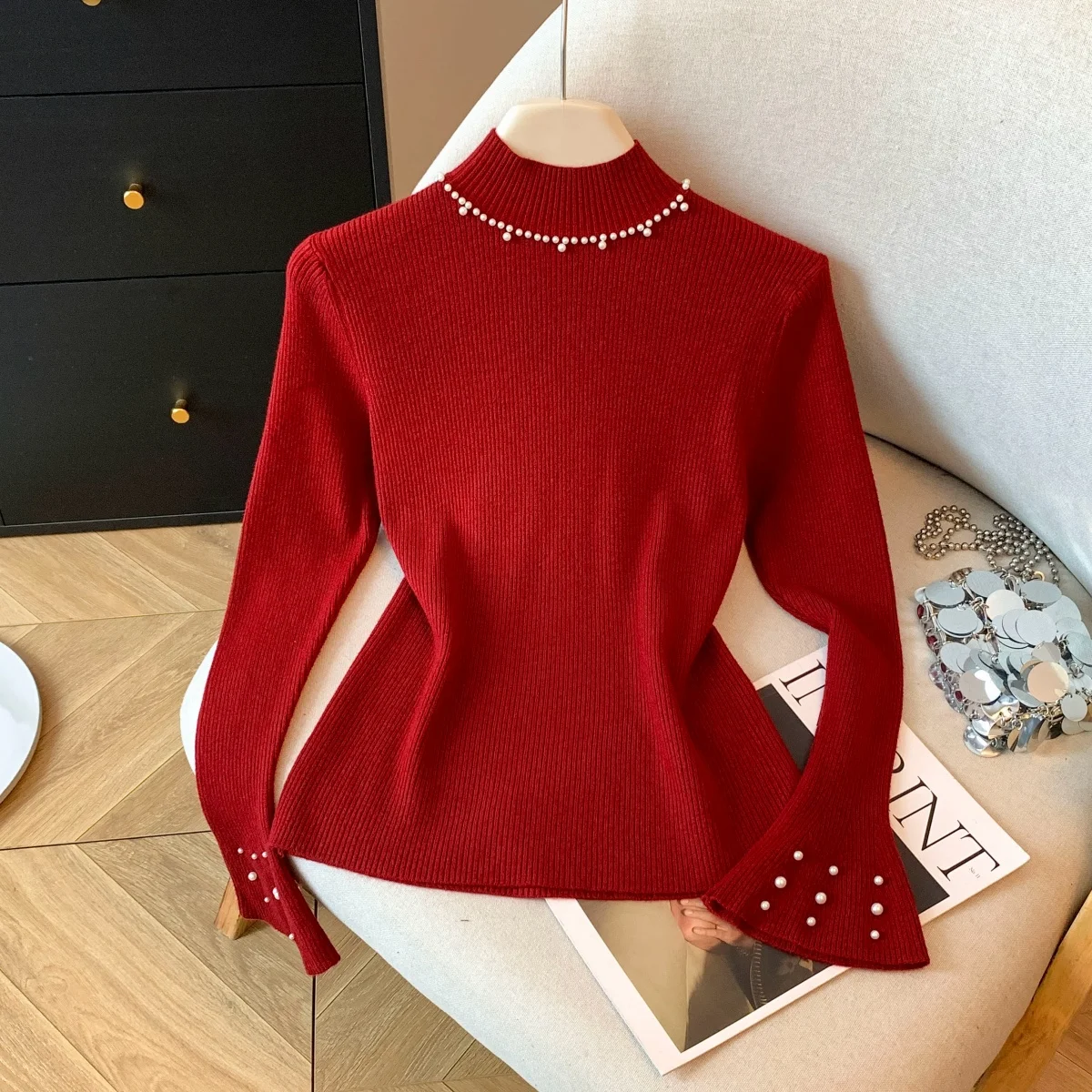 ملابس داخلية نسائية من Ele بقصة ضيقة وقاعدة محبوكة irt Winter Bell Sve ملابس داخلية عالية الجودة مطرزة بالخرز عالي الجودة...