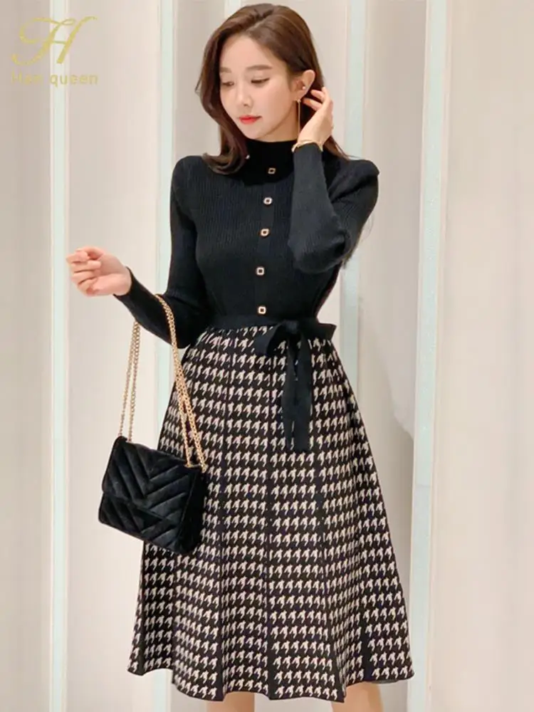 H Han Queen Winter Women Vintage Color block Houndstooth Knitted Dresses Lace-up Office Dress Elegant Bottoming Sweater Vestidos