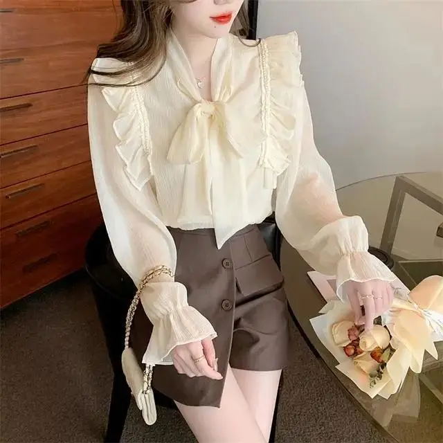 New Style Sweet Lace Up Chiffon Shirt with Female Design Niche and Western-style Ruffle Edge Bow Top