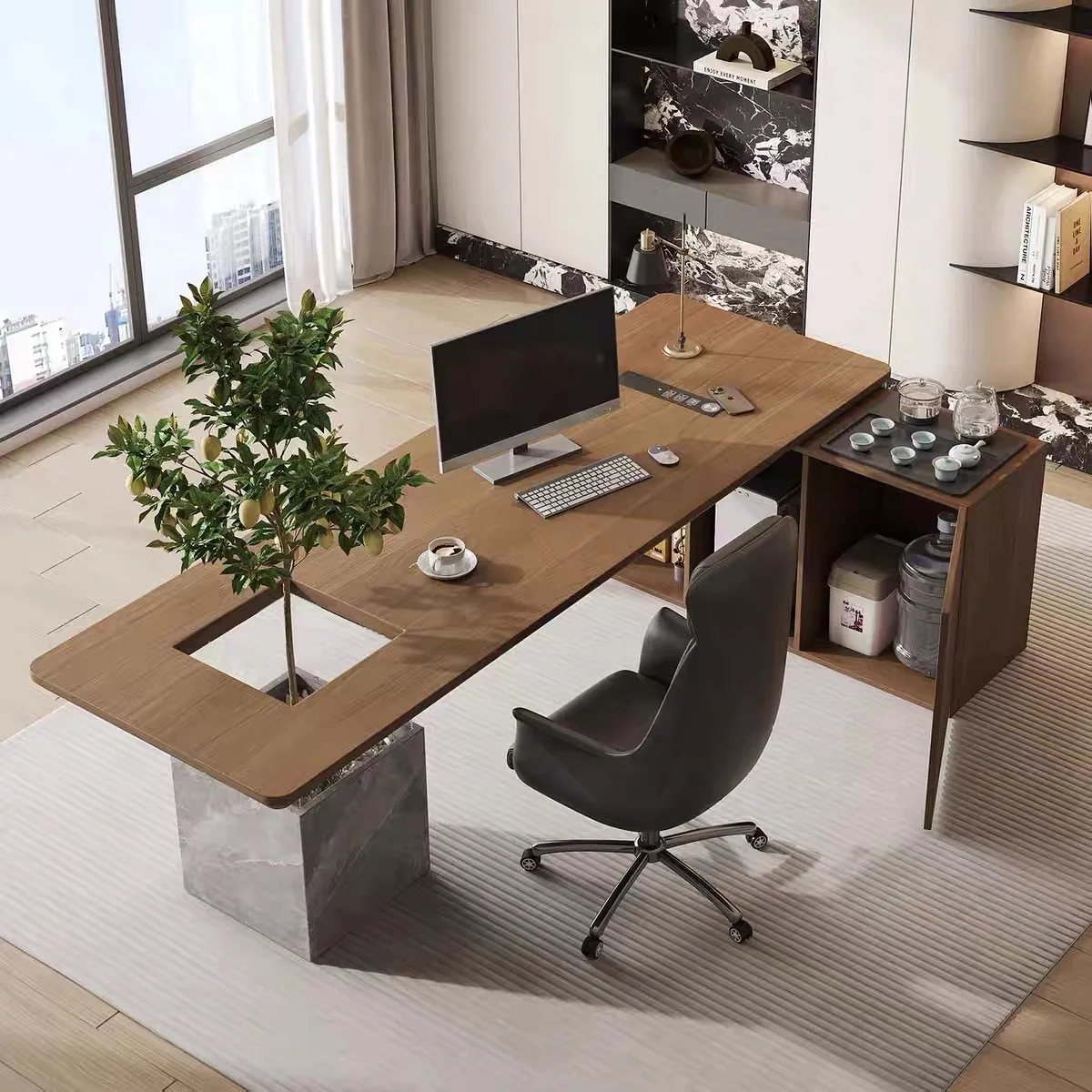 Solid wood office computer desk tea table integrated dual-purpose large board table office boss desk