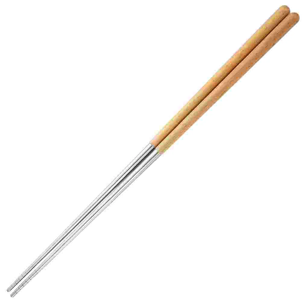 

2pcs Stainless Steel Hot Pot Chopsticks Reusable Wooden Frying Noodle Serving Utensils Extra Cooking BBQ Pasta Beef