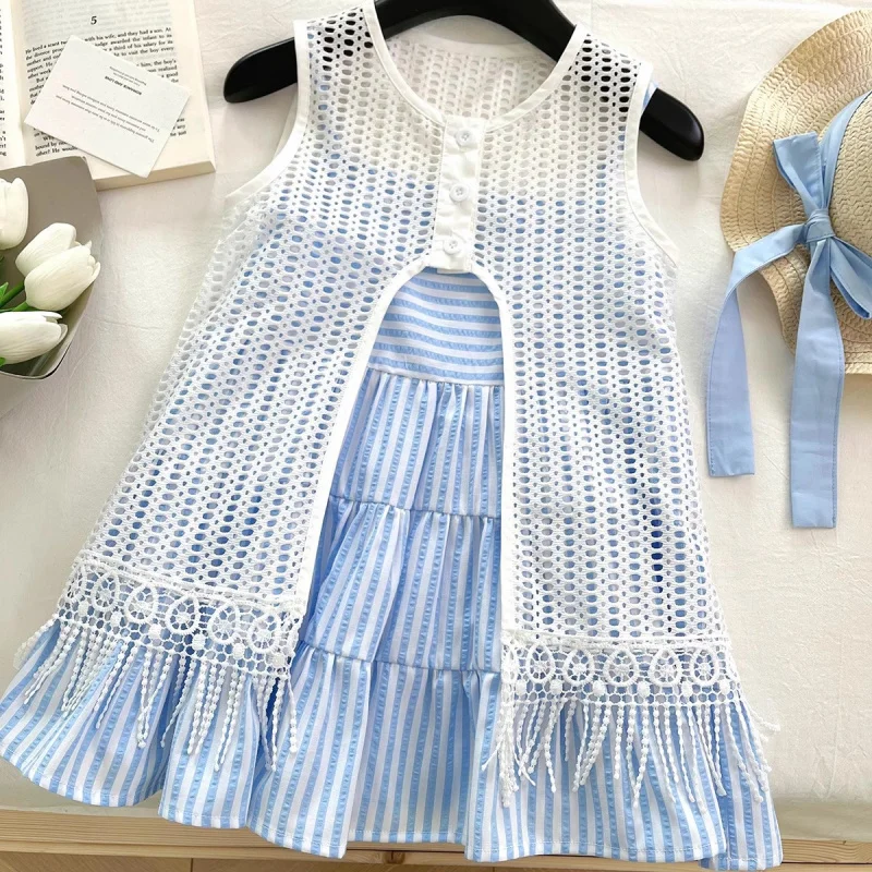 

TOY-Girls' Striped Strap Dress Set2025New Summer Fashionable Cover-Up Dress Two-Piece Set for Beach Vacation