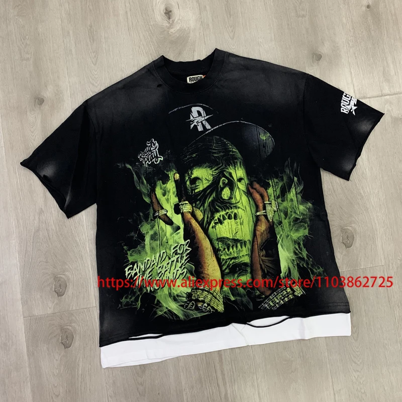 Summer New Streetwear ROUGH PLAY T-shirt High-quality Retro Wash Direct Spray Creative Print Casual Rough Play Short Sleeve
