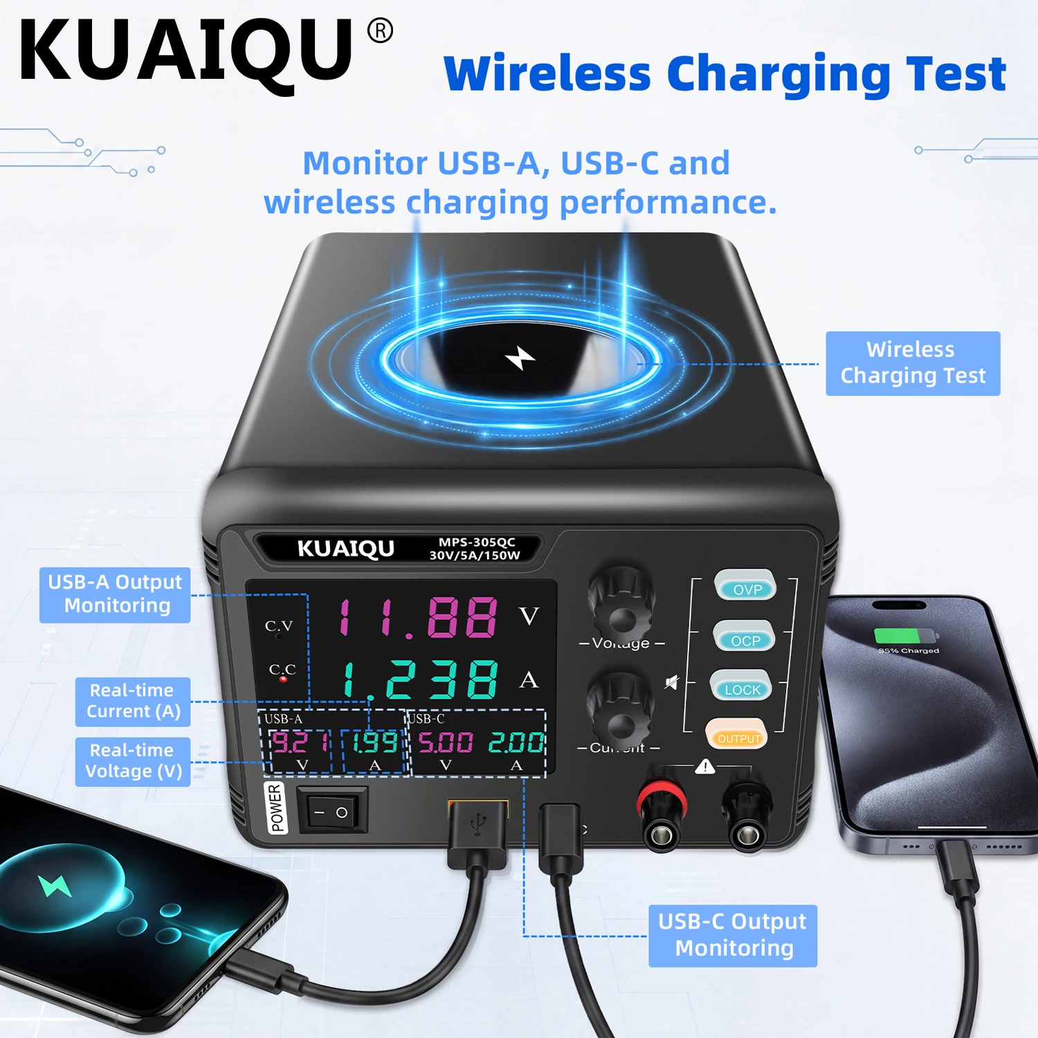 KUAIQU Dedicated Bench Power Supply 30V 5A 10A OCP OVP For Repair With Wireless Charging USB-A-C Fast Charging DynamicMonitoring