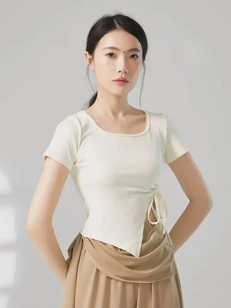 Top da ballo con scollo quadrato e orlo irregolare per balletto classico, abbigliamento da palcoscenico, camicia da donna con coulisse in tinta unita