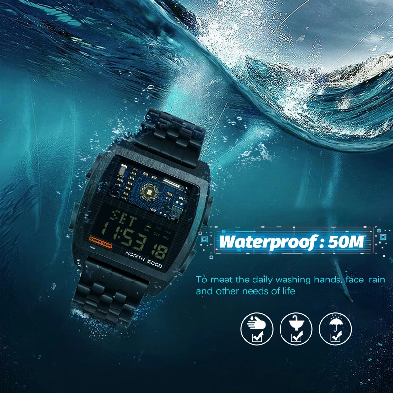 NORTH EDGE New Men\'s Digital Watch Retro Industrial Style All Metal Body Sports Watch Waterproof 50M Cyber Tank Smart Watch Men