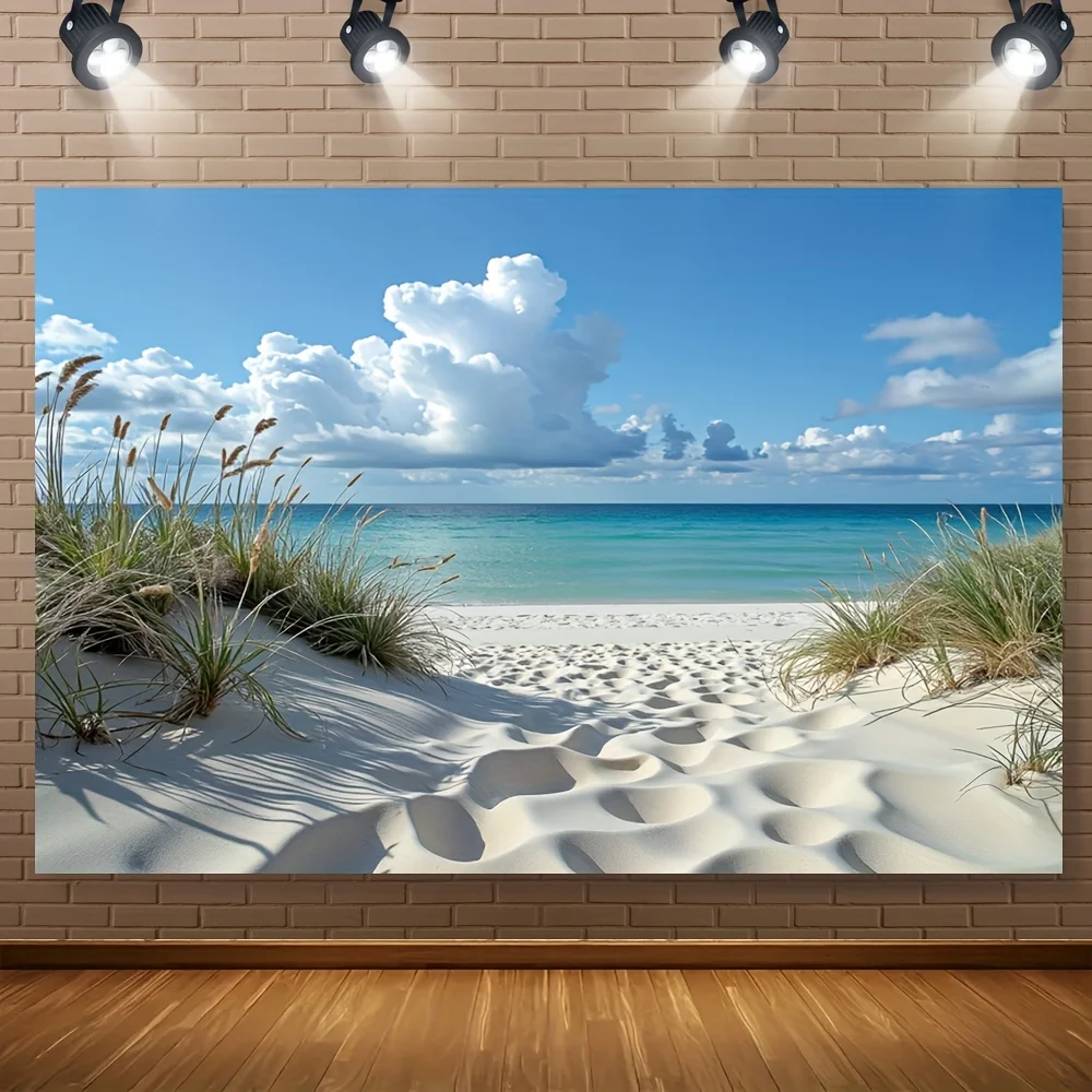 Beach Sand Dunes Grasses Blue Sky Clouds Ocean View Relaxing Coastal Scenery Tapestry Wall Hanging Decor 2D Flat Background