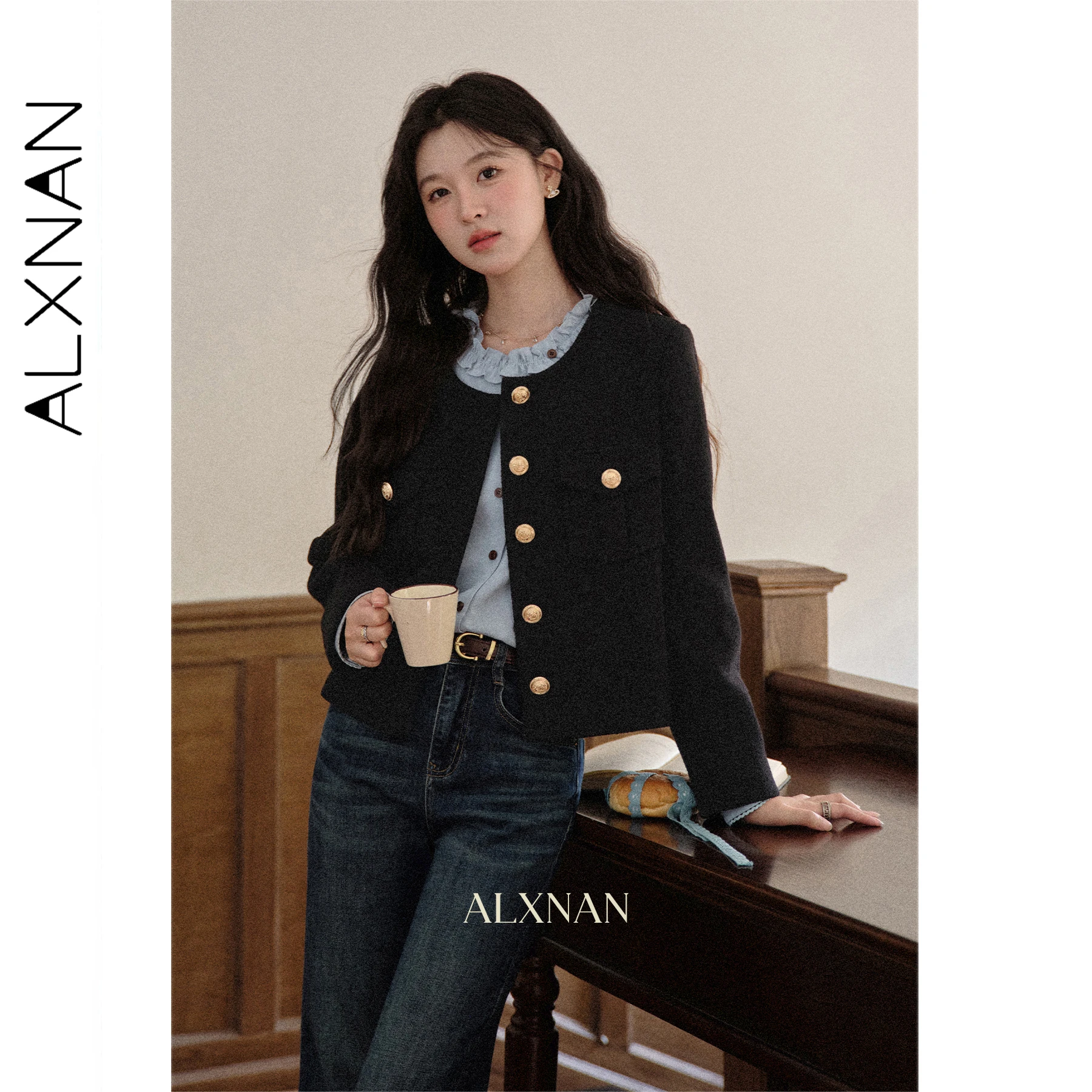 

ALXNAN Women's Short Jacket Autumn 2025 New Regular Fit Button Front Vintage Elegance Casual Outerwear Female Clothing L569167