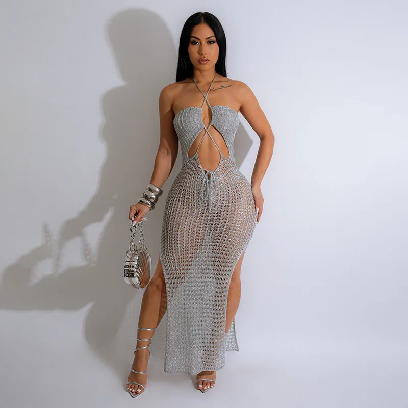 

Summer Women's V Neck Hollow Out Knitted Camisole Dress Sleeveless Crochet Beach Vacation Casual Backless Slim Bikini Cover Up