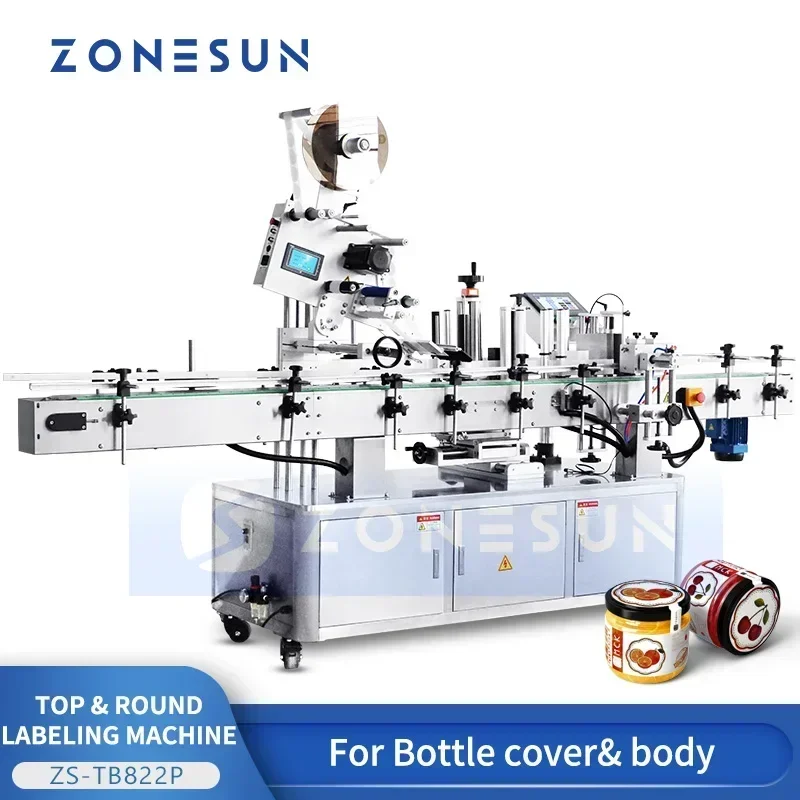 ZONESUN Automatic Bottle Top and Body Labeling Machine  Wrap Around Label Applicator  ZS-TB822P