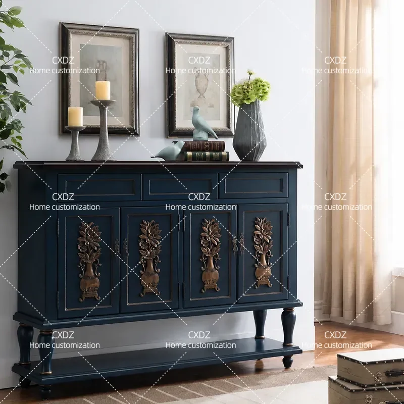 Solid Wood Entrance Shoe Cabinet with Partition Locker Blue Foyer Console Table Relief Bottle Design Security Storage for