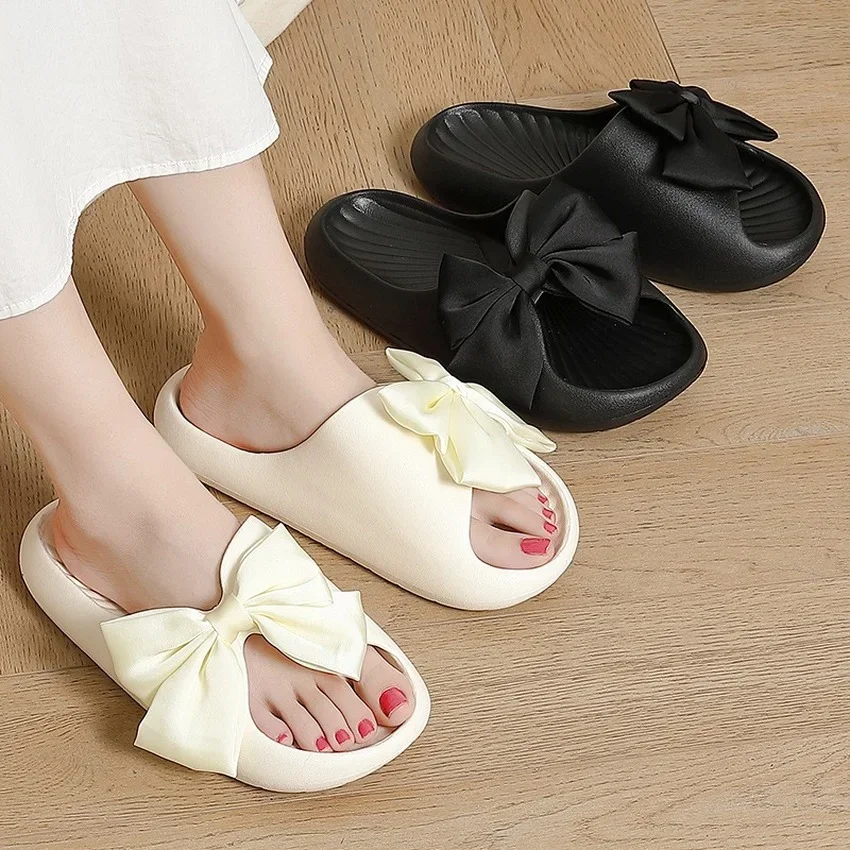 Home Slippers Woman Platform Cloud  Bow Tie Non Slip Slides Indoor Outdoor Summer Kawai Sandal Ladies Floor Shoes Female