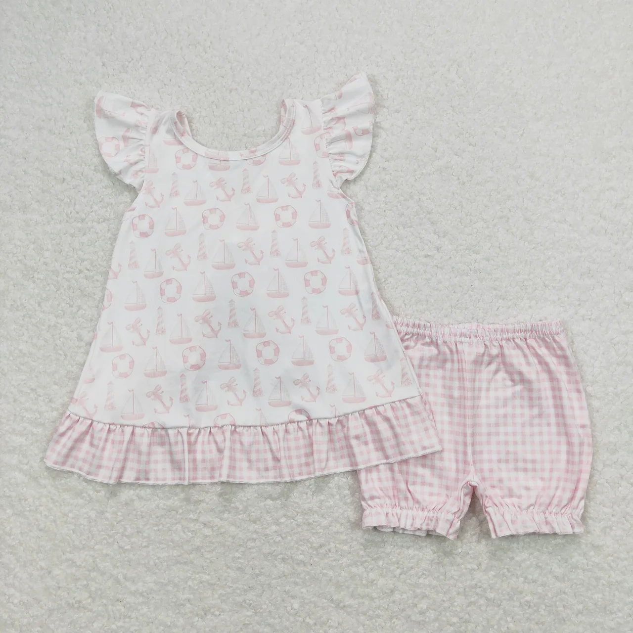 Short à carreaux rose à dos ouvert pour enfants, ensemble d'été pour bébés filles, tenue de bateau deux pièces, vente en gros