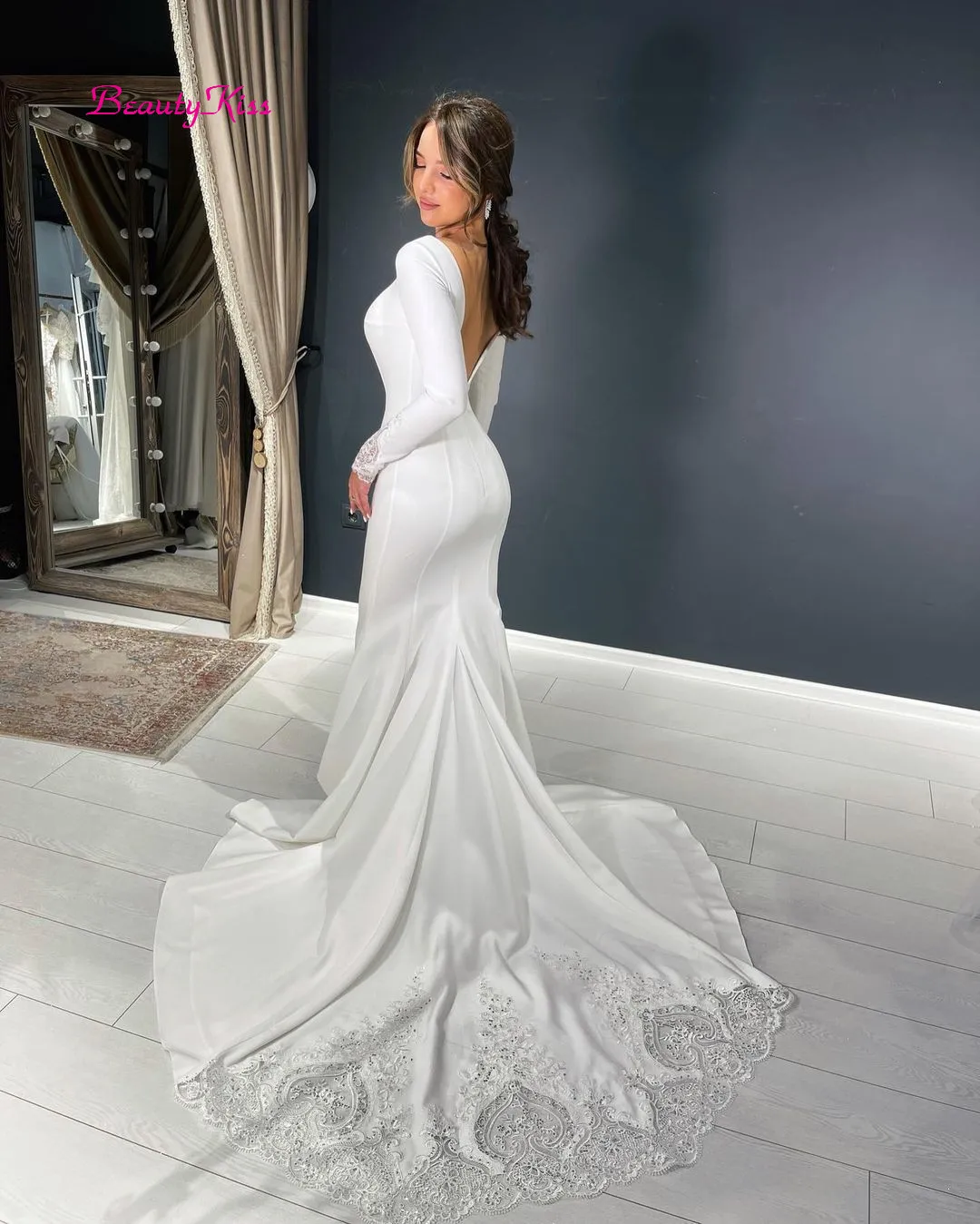 Vestidos de novia de satén de manga larga para mujer, ropa Sexy de encaje, talla única, elegante, Simple, blanco, 2022