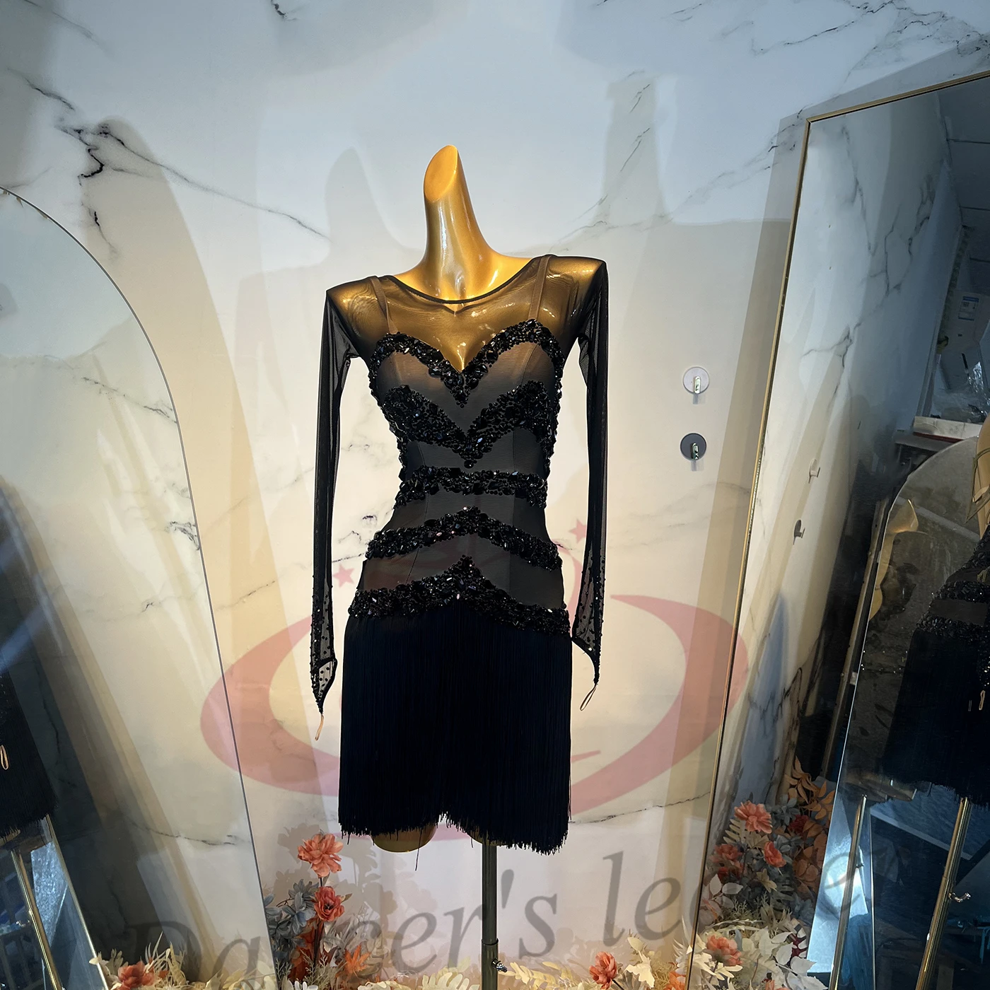 

Latin Dance Adult Children'S Dress Rhinestone High-End Custom Black Silk Screen Fake Suspender Dress Tango Women'S Clothing