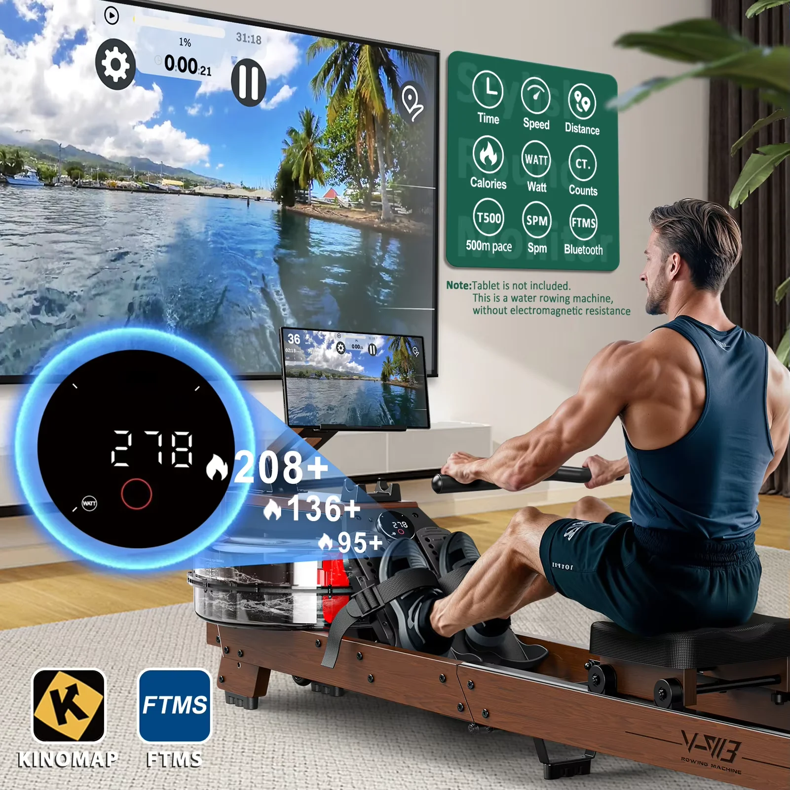 ماكينة تجديف خشبية قابلة للطي V-W3، بلوتوث، قابلة للطي، للمستخدمين 1.2–2 م، بحد أقصى 175 كجم #6