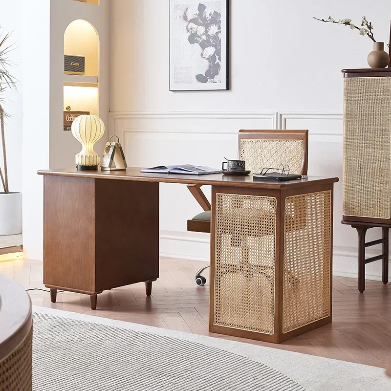 Nordic home solid wood desk living room bedroom student study table multifunctional Japanese computer table rattan desk