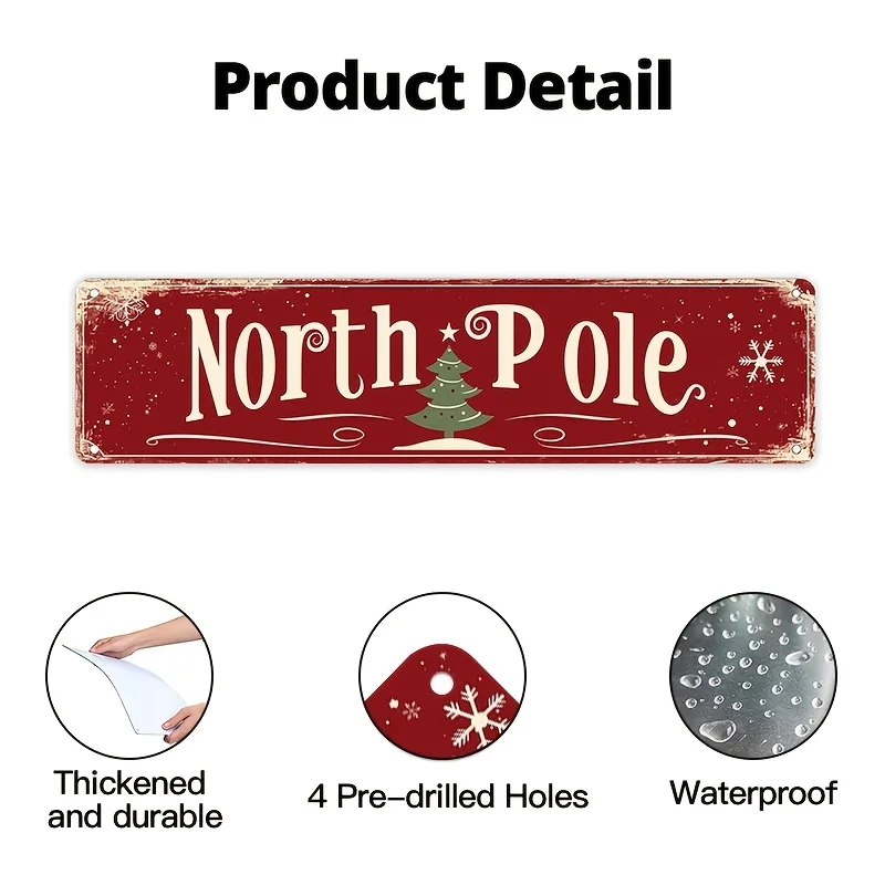 Vintage North Pole Metal Sign - Rustic Christmas Tree & Snowflake Design, 4*16 Inch Aluminum Wall Decor, Perfect for Home