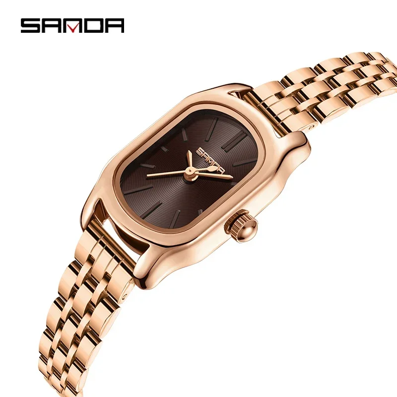 

SANDA 1104 Case Womens Watches Maroon Leather Strap Waterproof Genuine Watch New Womens Quartz Watch Casual Fashion Rose Gold