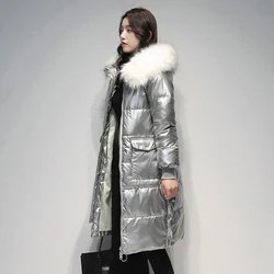 2024 Winter New Women Blight Silver Fur Collar Hooded Middle Length Parka Coat , Woman Fashion Warm Parks Coats