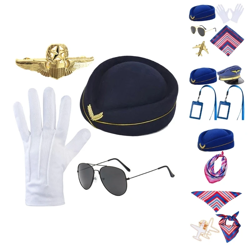 Carnivals Adult Stewardess Hat with Sunglasses+Kerchiefs/Gloves/Brooch Woman Photography Fedoras Hat Photography Costume