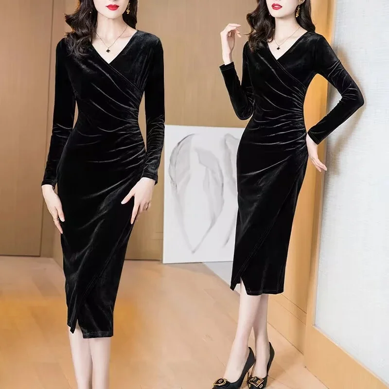 Golden Velvet Dress Female Long Sleeves V-Neck One Step Hip Wrap Slit Sexy Dresses Spring Autumn Women Velvet Long Dress