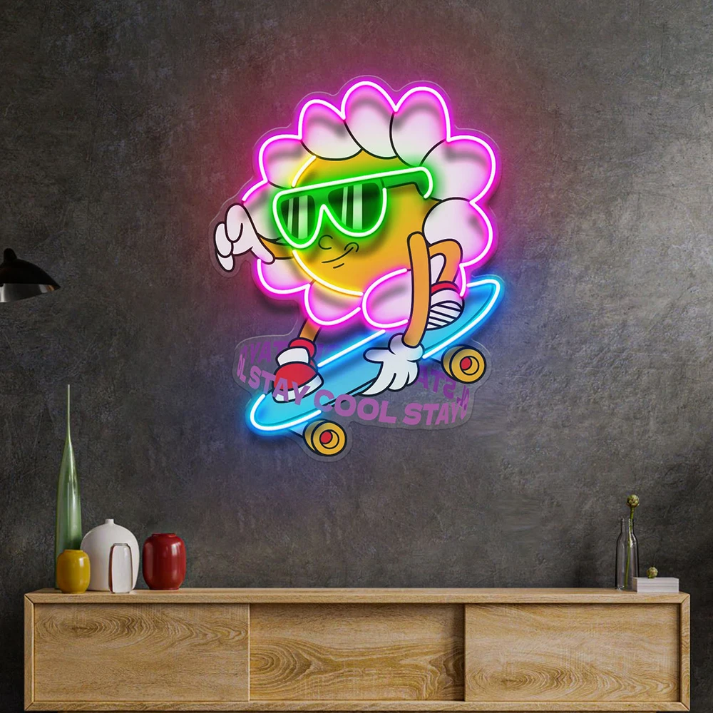 Skate Daisy Flower Cartoon Led Light Sign Gaming Room Bedroom Wall Decor Sports Club Decoration Neon Lights Custom Neon Signs