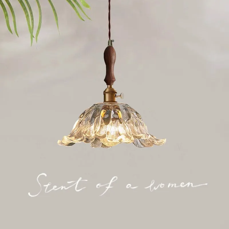 

French walnut flower glass chandelier Japanese retro Internet celebrity restaurant bar brass lamp bed and breakfast bedside lamp