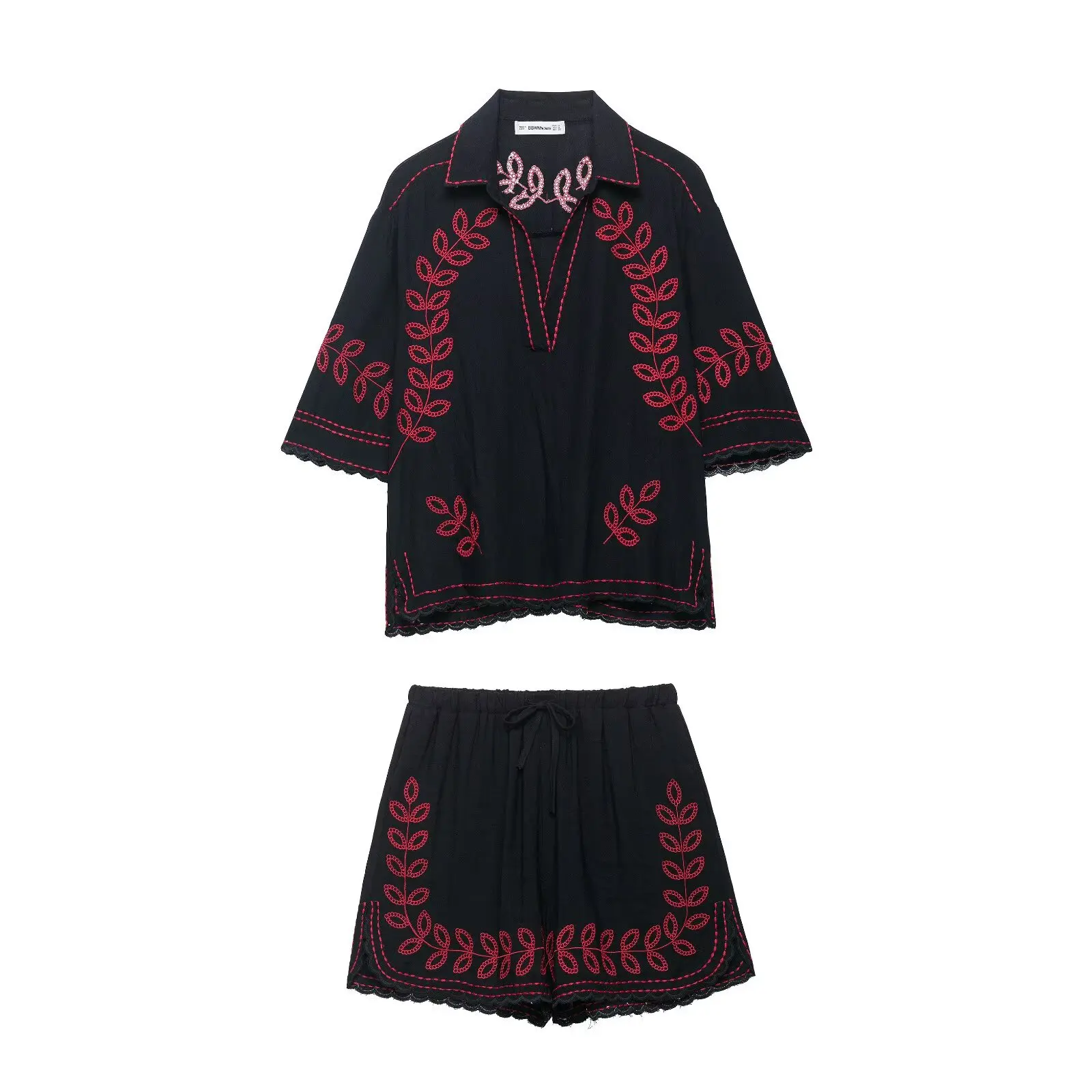 

Vintage Embroidery Two Piece Shorts Set Women Short Sleeve Shirt Or Lacing Shorts Summer Fashion Casual Holidays Mujer Suit