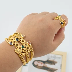 Luxury Bracelet Rings Dubai France Female 18k Gold Color Bangles For Women Bride Bangles Wedding Bracelet with Rings