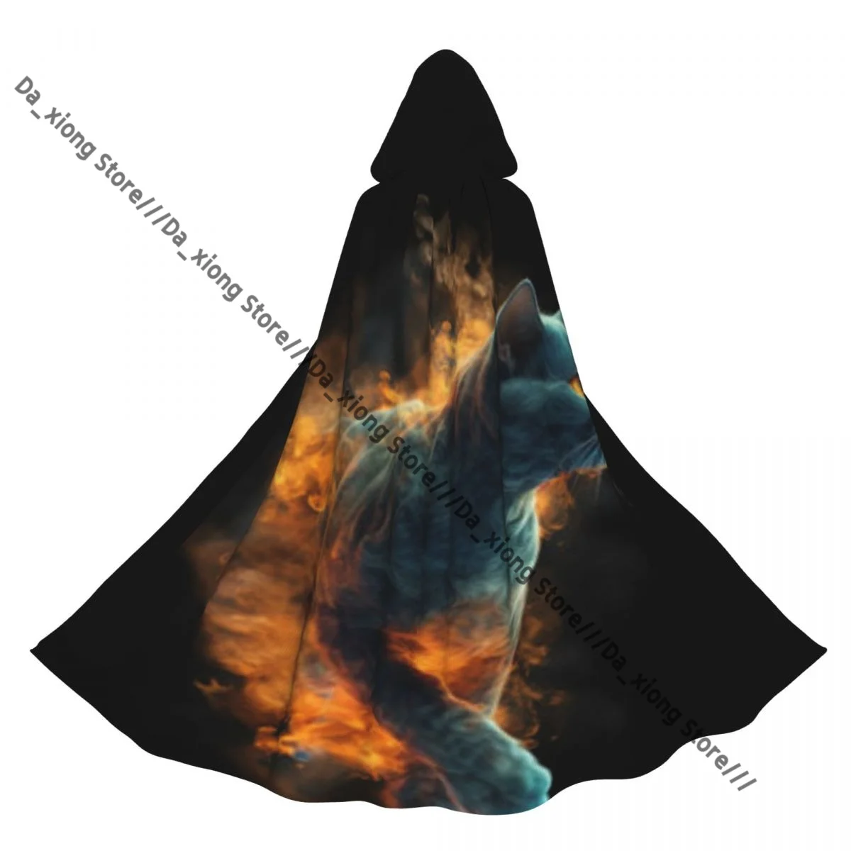 

Adult Cat In Fire Background Cloak Cape Hooded Medieval Costume Witch Wicca Vampire Halloween Costume Dress Coat