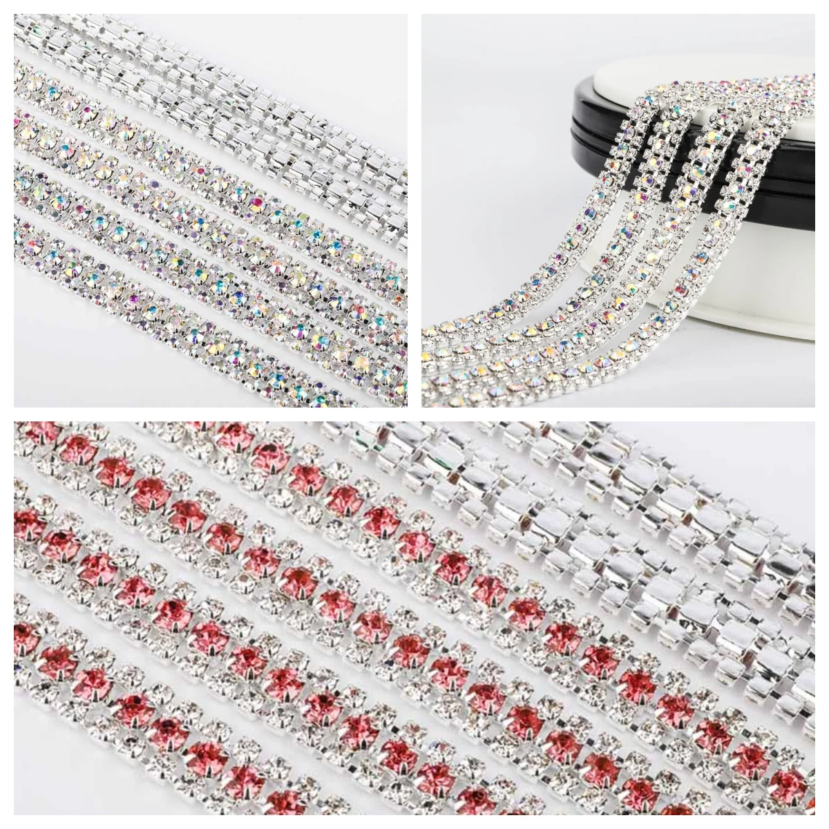 

SS6-SS16 AAAAA Пришивная металлическая цепочка со стразами, блестящая 3-рядная стеклянная цепочка со стразами AB для шитья свадебного платья, одежды